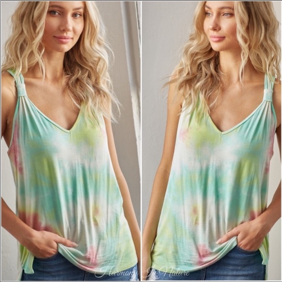 Tops - Pink and Green Tie Dye Racerback V-Neck Tank Top